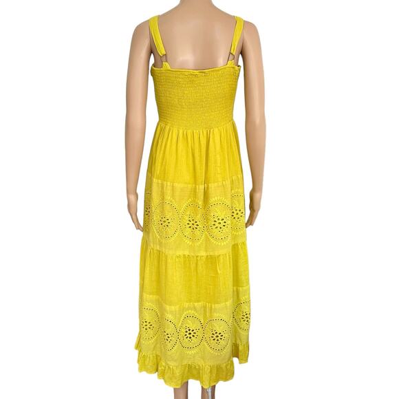 NAOO Eyelet lace Maxi Sun Dress tiered yellow smocked cottage vacation Small - Picture 4 of 10